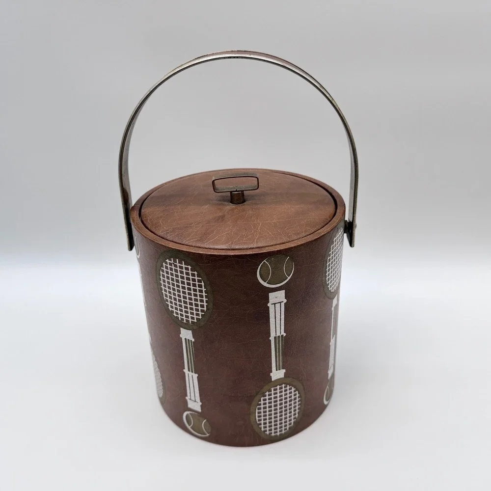 Vintage 1960's George Briard Ice Bucket Brown Tennis Racket Faux Leather Barware